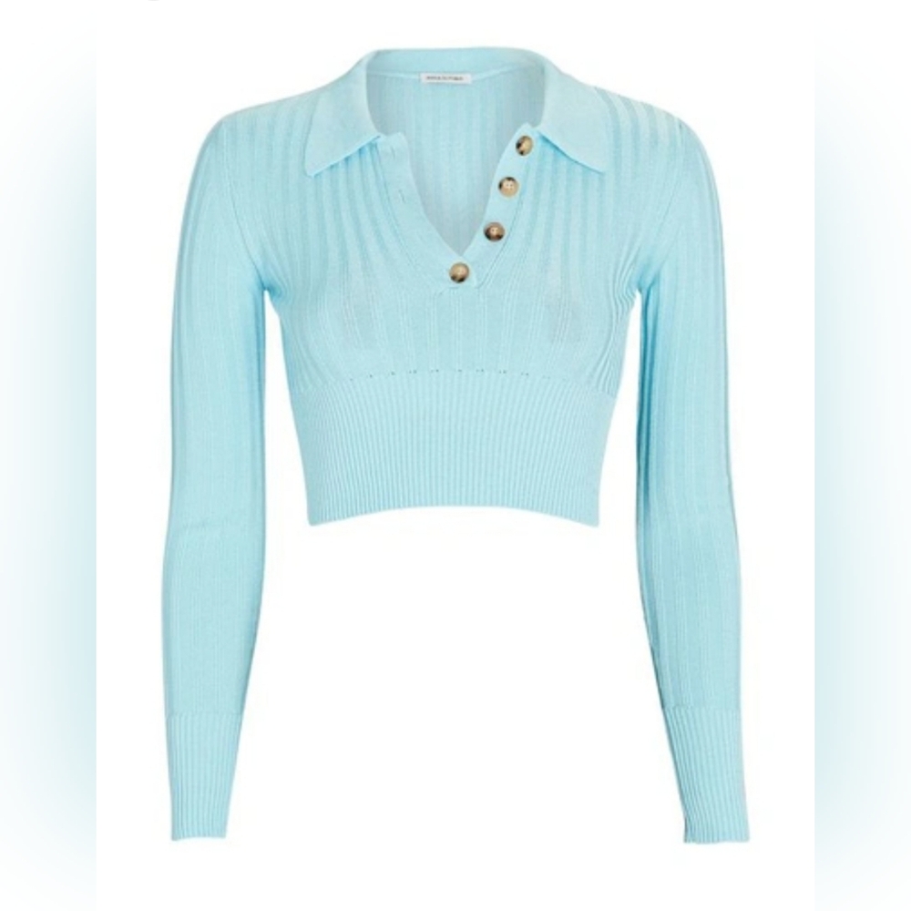 Anna October Light Blue Ribbed Knit Cropped Polo Top with Gold Buttons